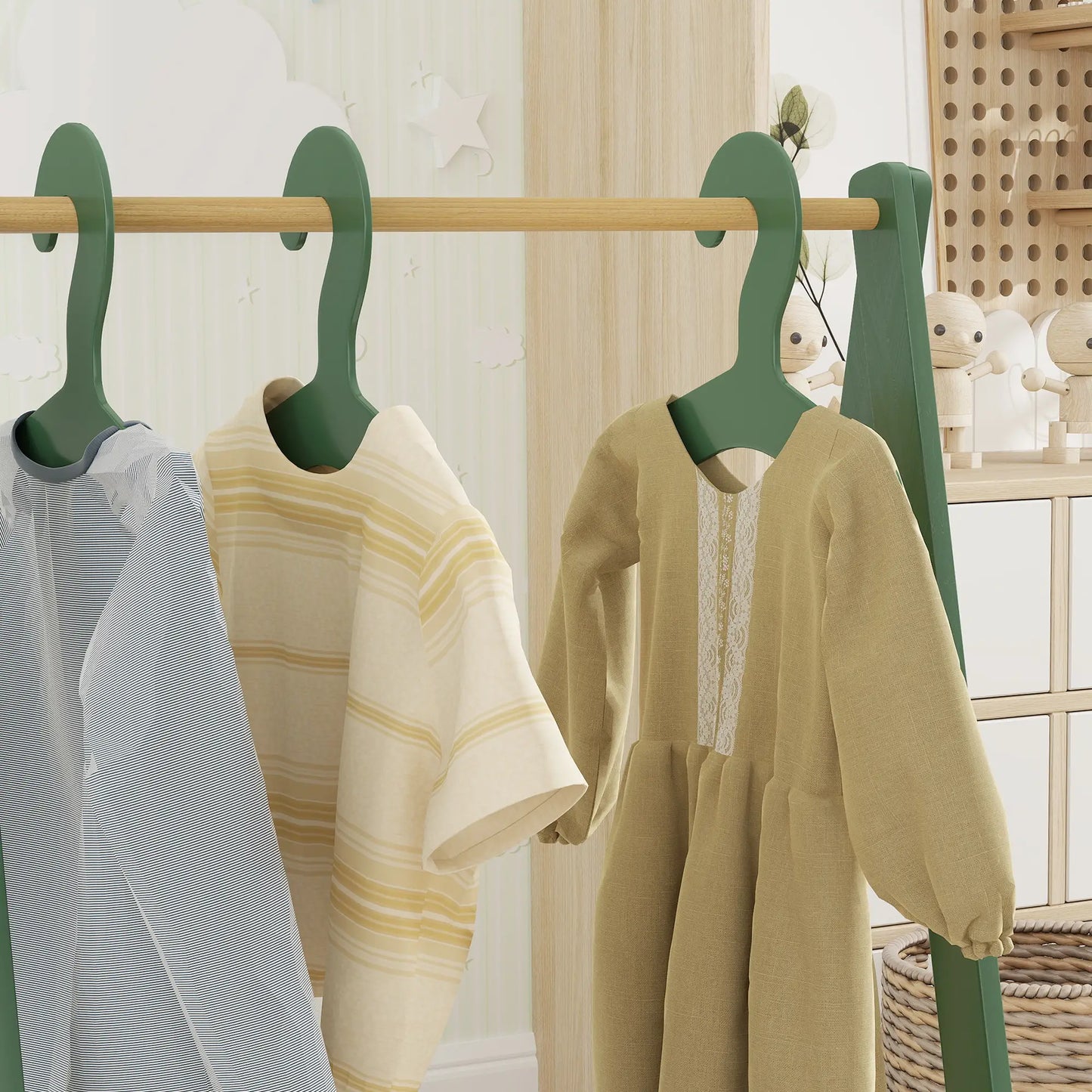 AIYAPLAY Kids Clothes Rail with 3 Hangers, Bottom Storage Shelf for Girls, Boys, Nursery, Bedroom, Green