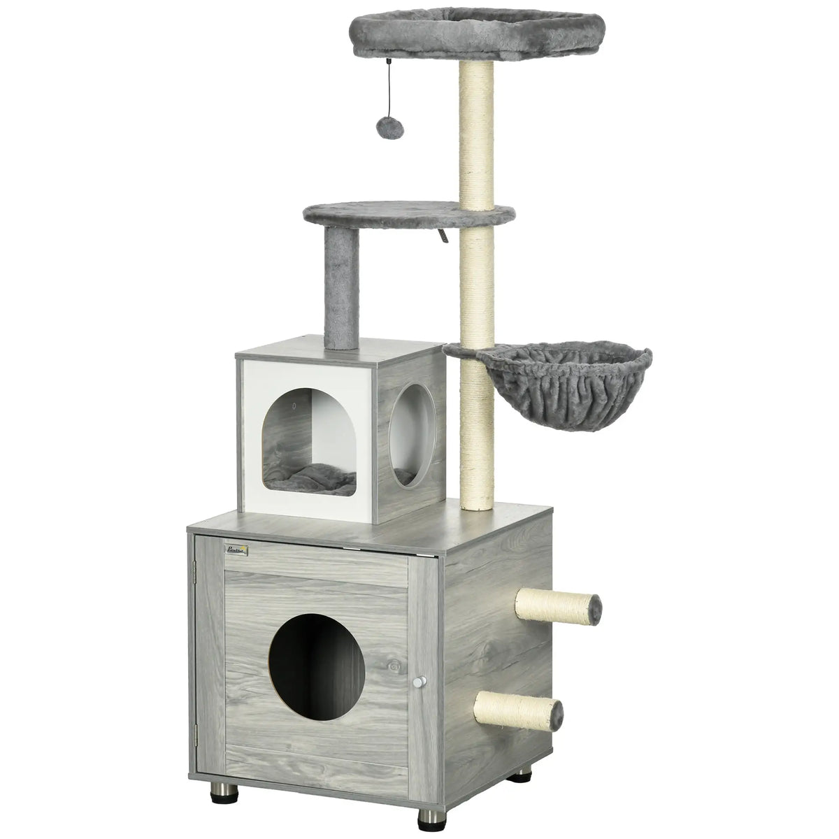 PawHut Enclosed Cat Litter Box with Cat House, Cat Bed, Scratching Posts for Indoor Cats - Grey