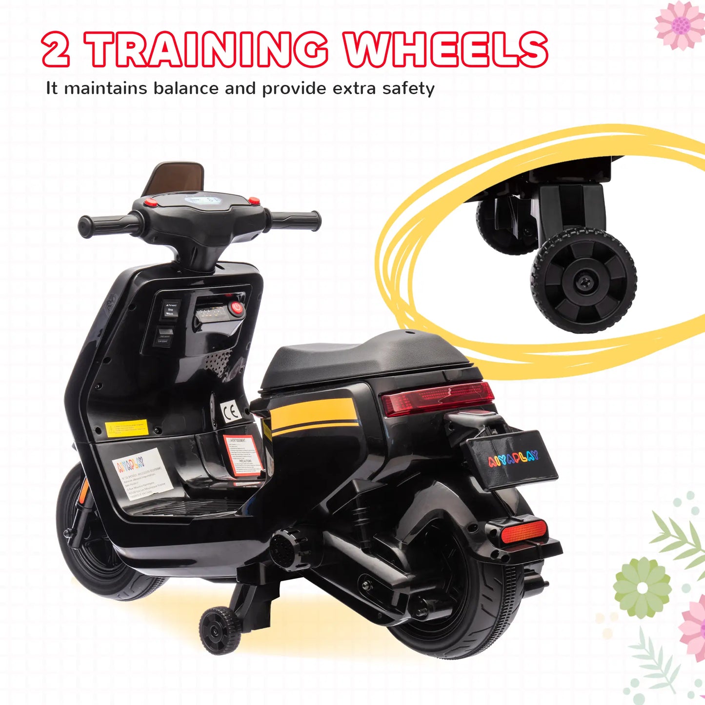 AIYAPLAY 6V Ride on Motorbike, Kids Electric Motorbike w/ Headlights, Music, Training Wheels, for 18-36 Months, Black