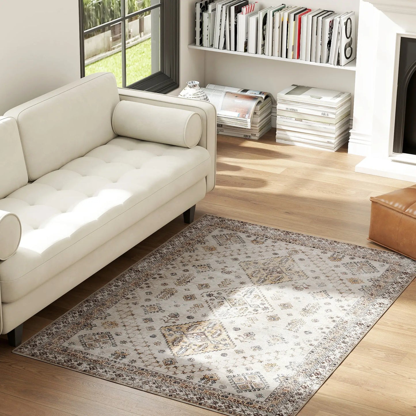 HOMCOM Vintage Area Rug, Non-Slip Washable, Flannel Floor Carpet for Living Room, Bedroom, Home Office, Beige