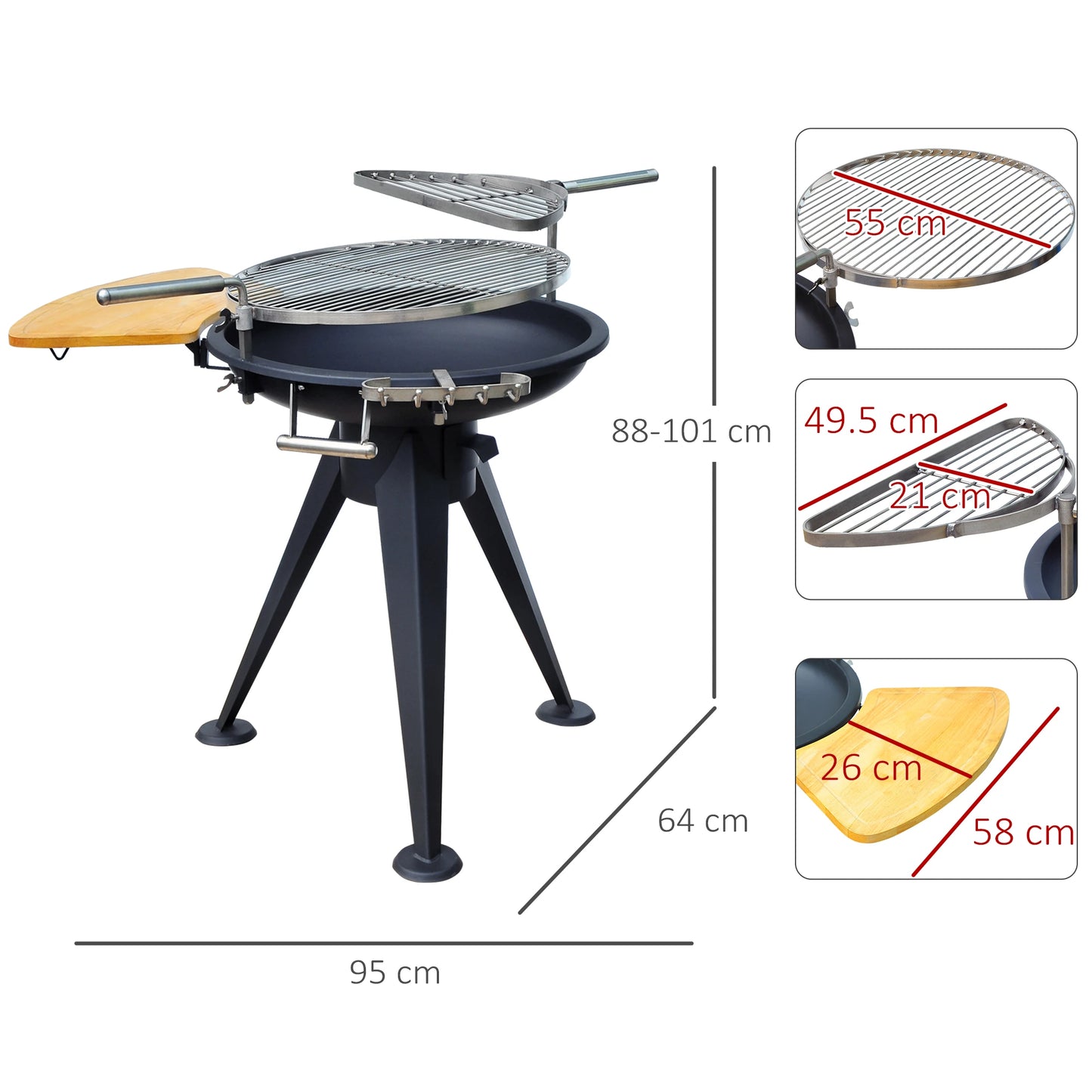 Outsunny Barbecue Round BBQ Grill w/ Cutting Board & Adjustable Height Black