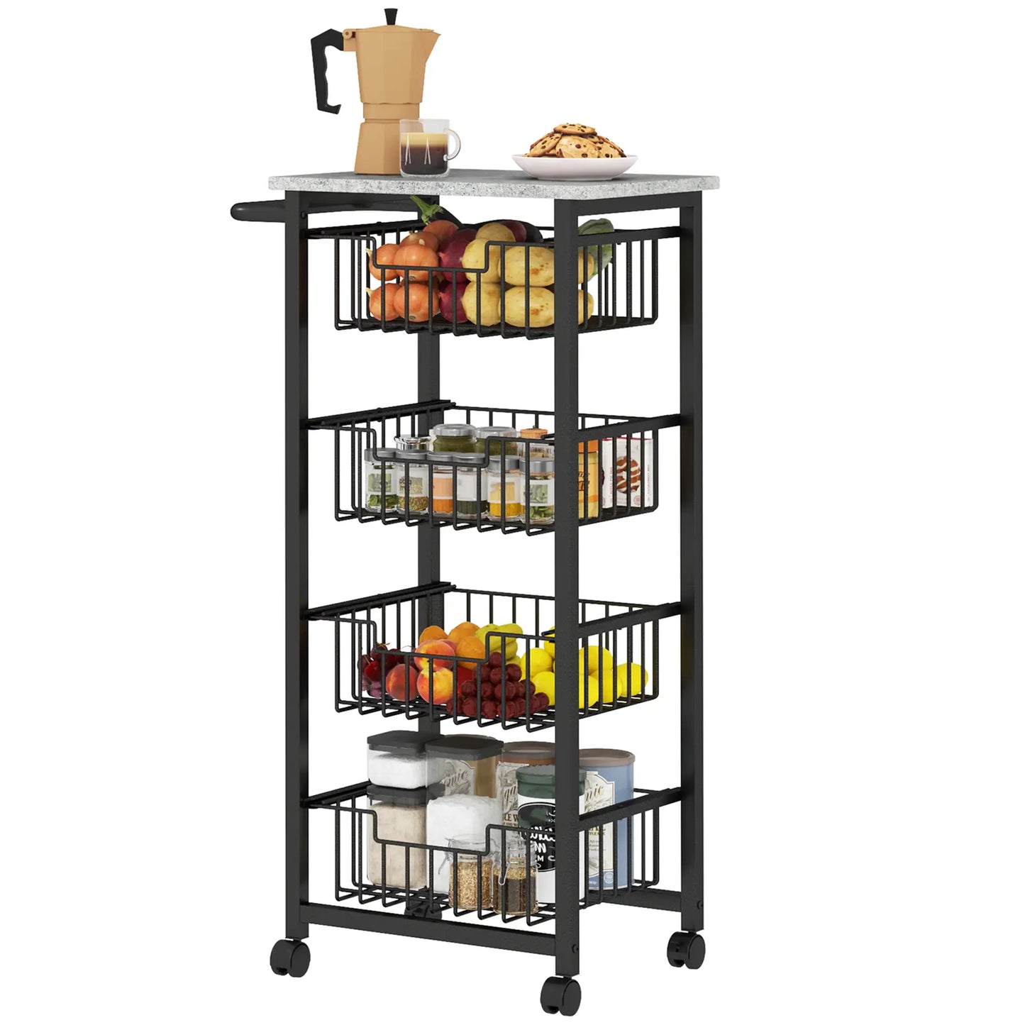 HOMCOM Movable Storage Trolley, Four Basket Mobile Kitchen Dining Island, with Brakes - Grey/Black