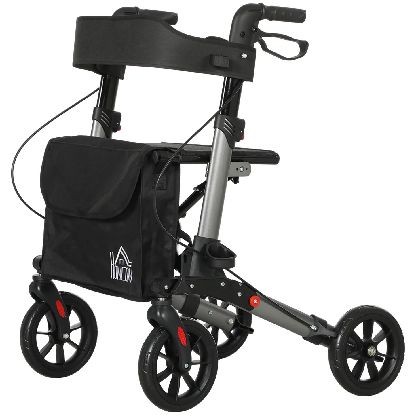 HOMCOM 4 Wheel Rollator with Seat & Back, Folding Walker with Carry Bag, Adjustable Height, Dual Brakes, Aluminium Walking Frame, Silver