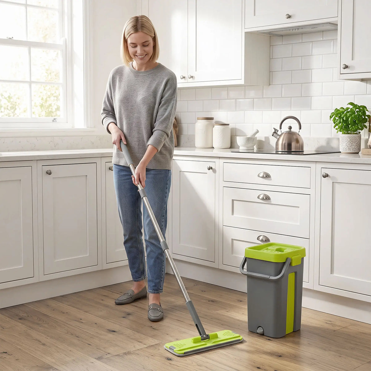HOMCOM Flat Mop and Bucket with Wringer Set & 2 Chambers, Wet & Dry Use, Dark Grey