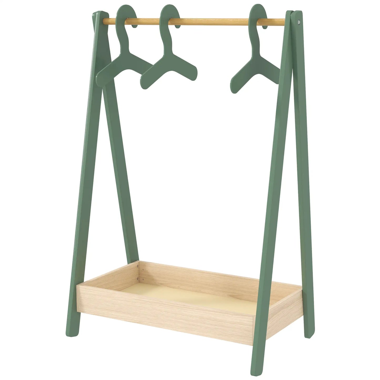 AIYAPLAY Kids Clothes Rail with 3 Hangers, Bottom Storage Shelf for Girls, Boys, Nursery, Bedroom, Green