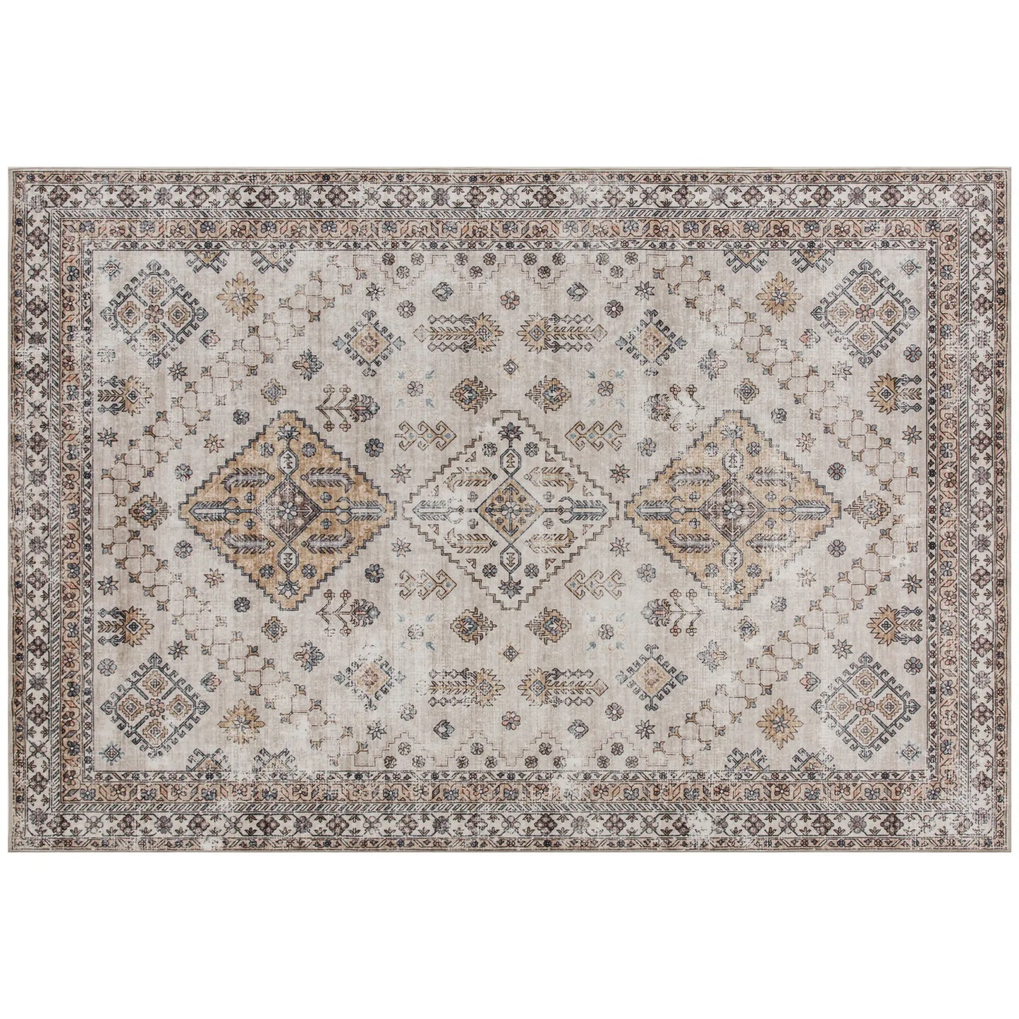 HOMCOM Vintage Area Rug, Non-Slip Washable, Flannel Floor Carpet for Living Room, Bedroom, Home Office, Beige