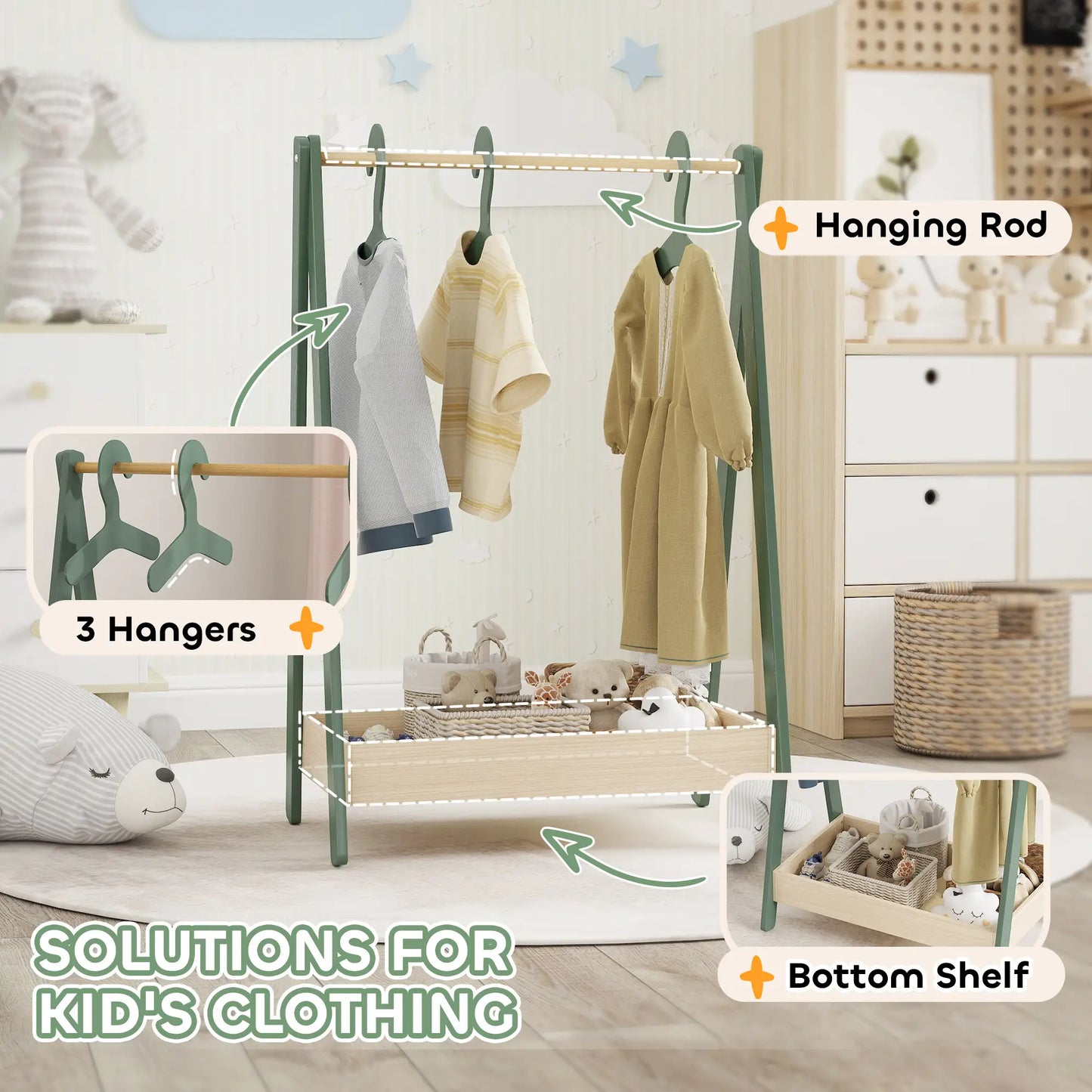 AIYAPLAY Kids Clothes Rail with 3 Hangers, Bottom Storage Shelf for Girls, Boys, Nursery, Bedroom, Green