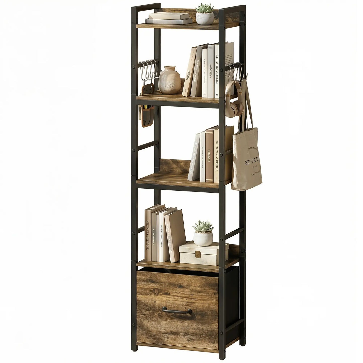 HOMCOM 4-Tier Bookshelf, Narrow Bookcase with Drawer, 8 Hooks, Metal Frame, Rustic Brown