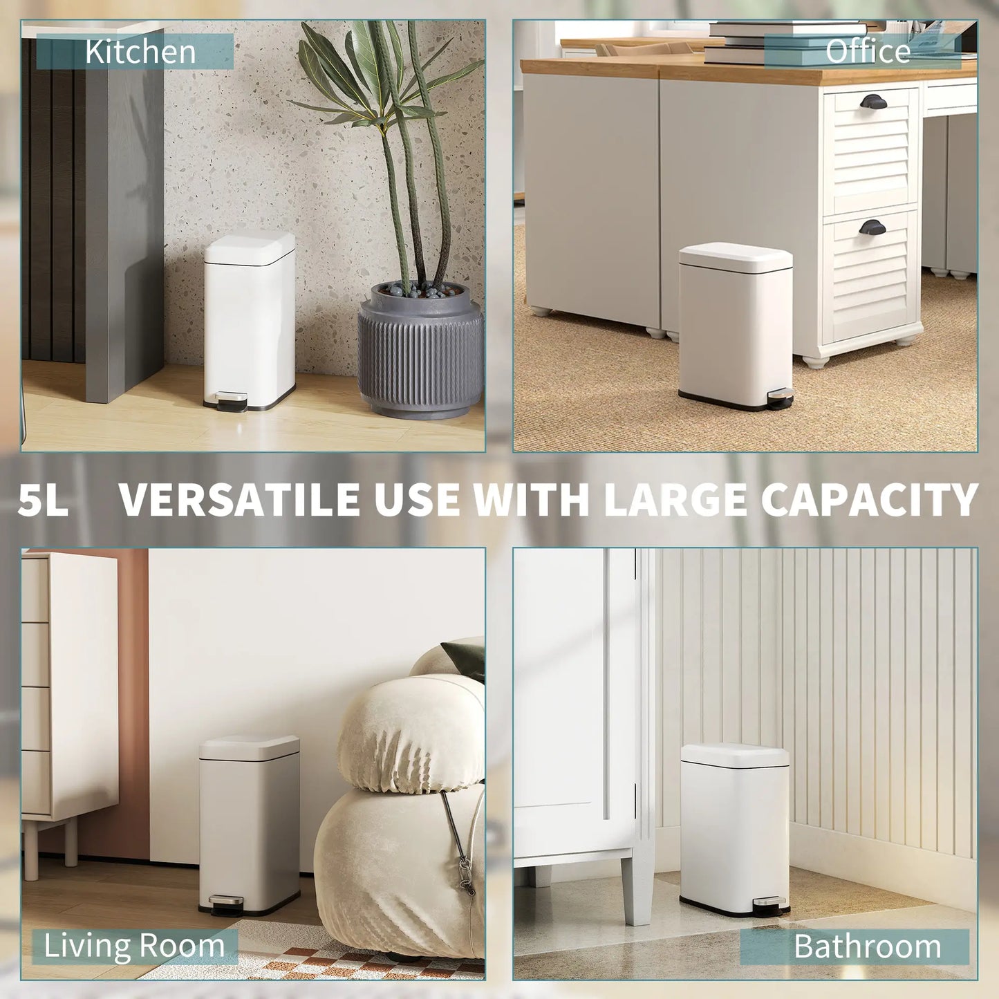 HOMCOM 5L Rectangular Compact Bin Steel Body Removable Bucket w/ Pedal Lid Rubbish Trash Tidy Clean White
