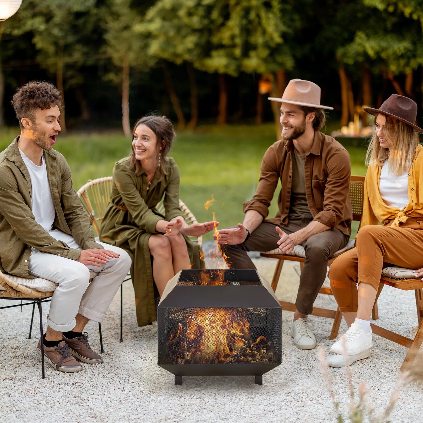 Outsunny Metal Square Fire Pit Outdoor Mesh Firepit Brazier w/ Lid, Log Grate, Camping, Bonfire, Wood Burning Stove, Black
