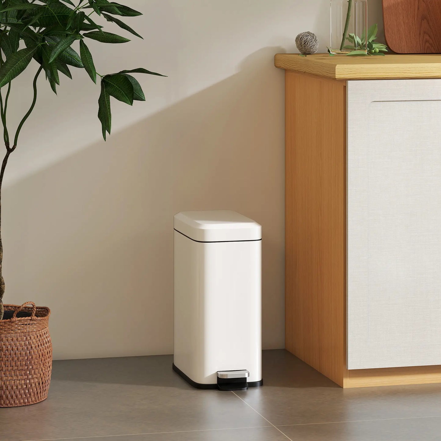 HOMCOM 5L Rectangular Compact Bin Steel Body Removable Bucket w/ Pedal Lid Rubbish Trash Tidy Clean White