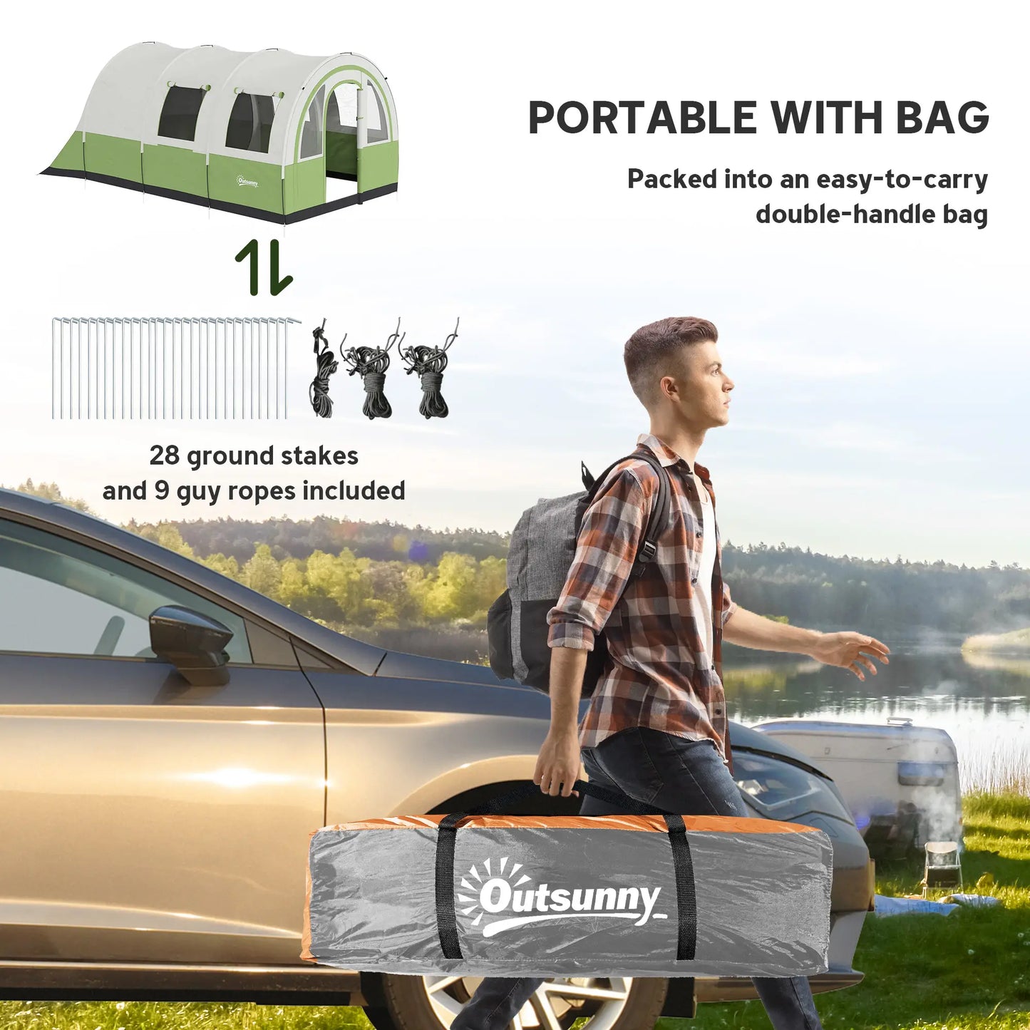 Outsunny 3000mm Waterproof Camping Tent, 5-6 Man Family Tent with Living & Bedroom, Carry Bag, Cream & Green