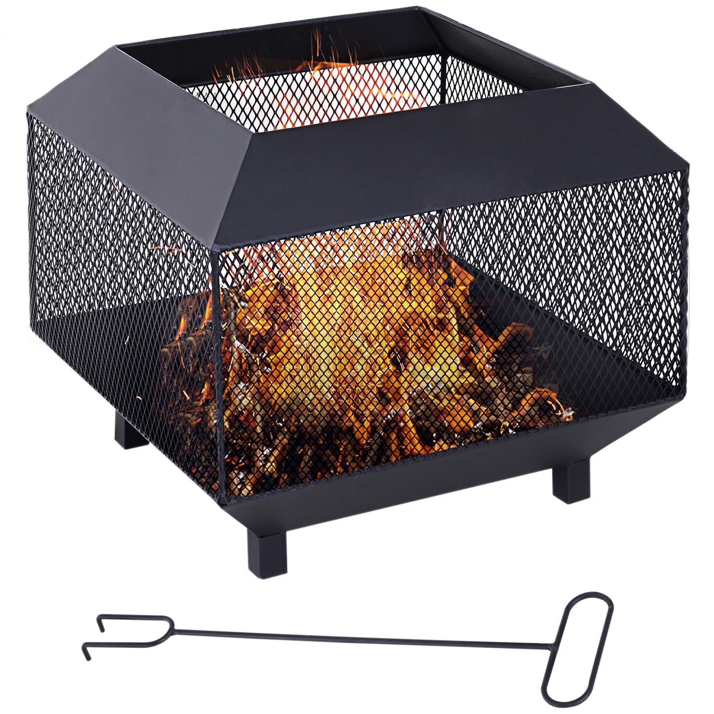 Outsunny Metal Square Fire Pit Outdoor Mesh Firepit Brazier w/ Lid, Log Grate, Camping, Bonfire, Wood Burning Stove, Black
