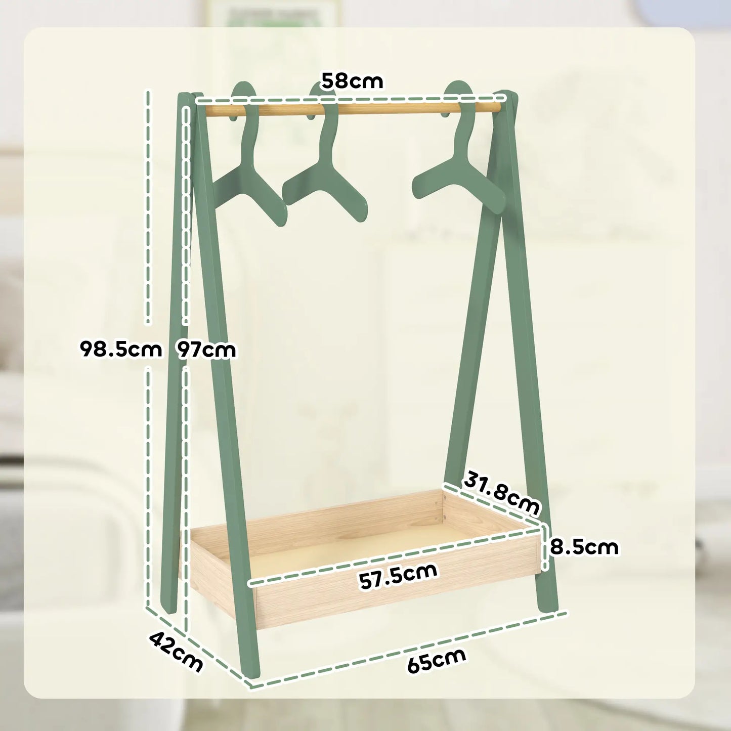 AIYAPLAY Kids Clothes Rail with 3 Hangers, Bottom Storage Shelf for Girls, Boys, Nursery, Bedroom, Green