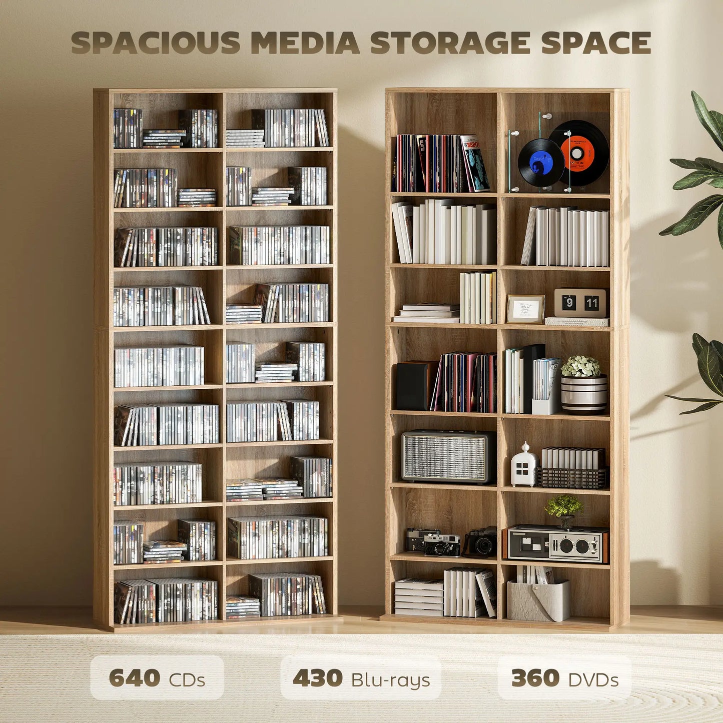 HOMCOM 640 CD Storage Tower, Bookcases & Shelves - Nature Wood Finish
