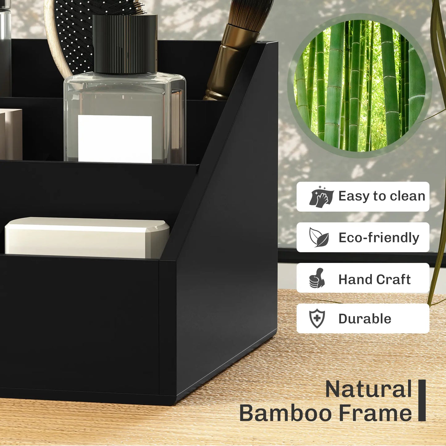 HOMCOM Desk Organiser Holder, Bamboo Multi-Function Storage Caddy with 7 Storage Compartments and 2 Drawers for Home & Office