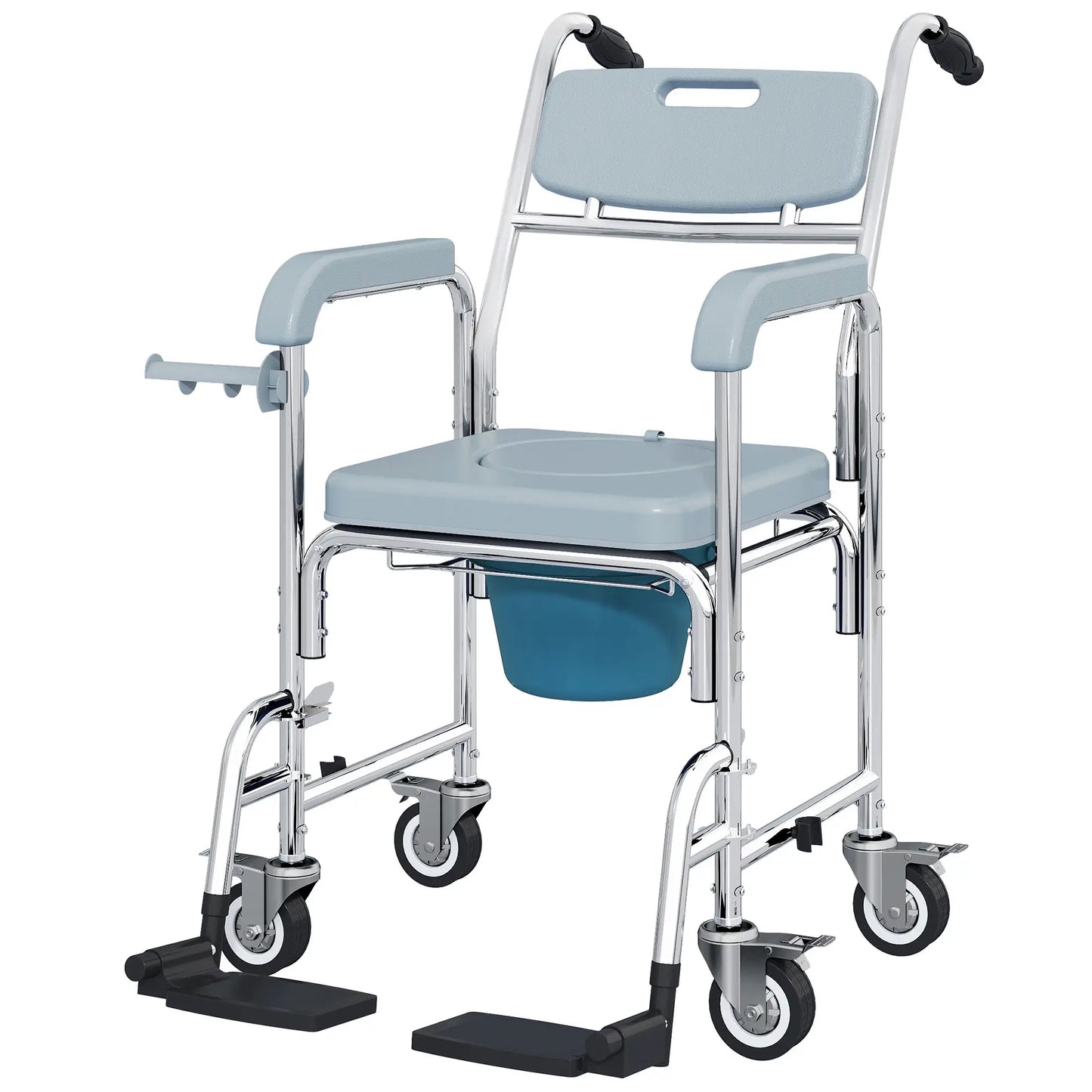 HOMCOM Rolling Shower Wheelchair for Seniors, Bedside Commode Chair with Locking Wheels, Backrest, Arms, Grey