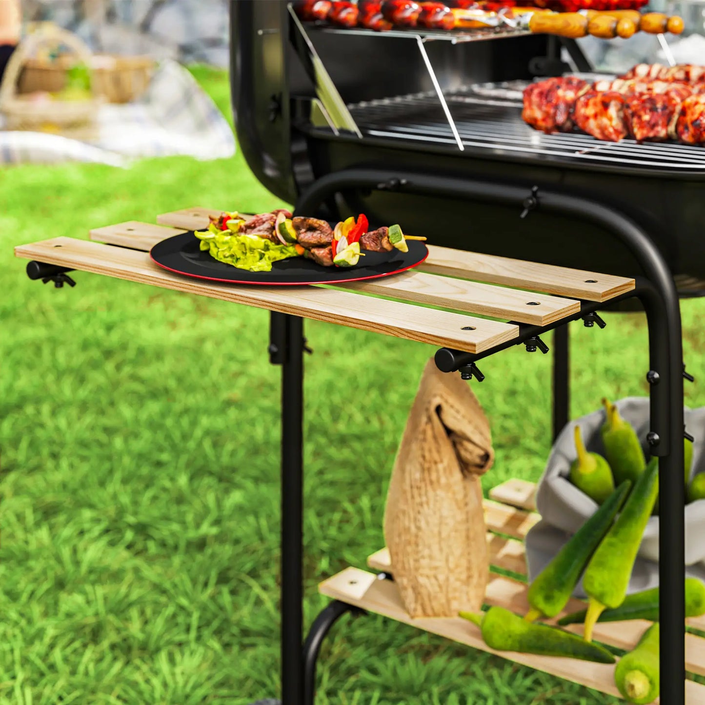 Outsunny Charcoal Barbecue Grill Portable BBQ Grill with Cooking Area, 3 Shelves, Lockable Lid, Wheels for Outdoor Cooking, Garden Party, Black