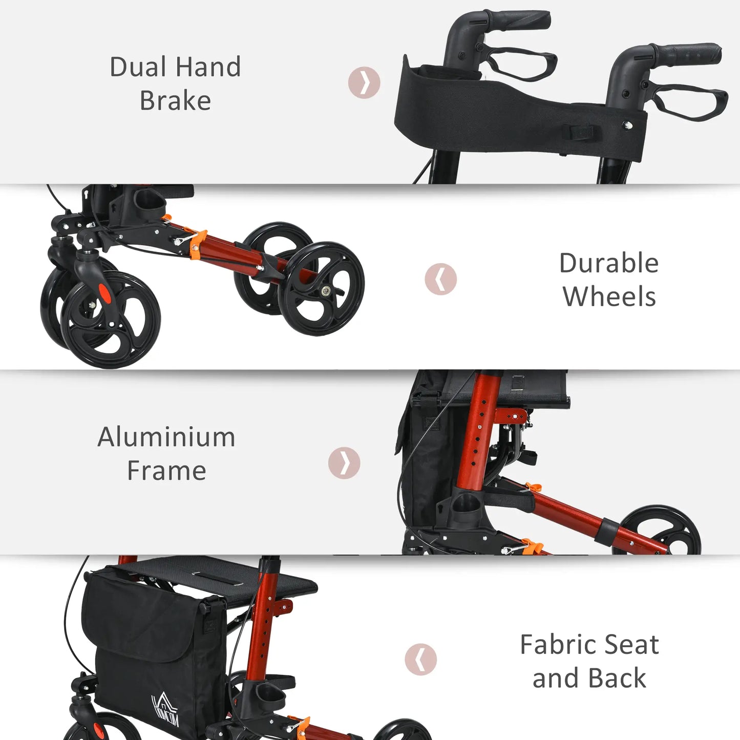 HOMCOM 4 Wheel Rollator with Seat & Back, Folding Mobility Walker with Carry Bag, Adjustable Height, Cane Holder, Aluminium Walking Frame for Seniors, Red