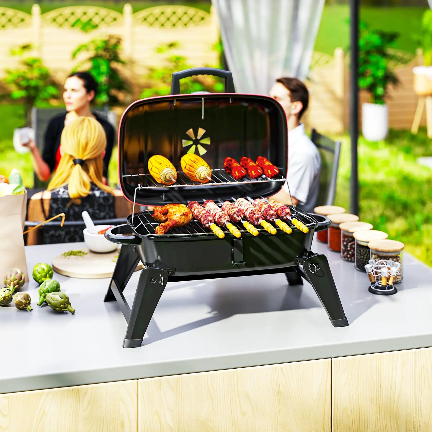 Outsunny Charcoal Barbecue Grill Folding BBQ Grill with Adjustable Vent, Thermometer, Handles for Camping Picnic, Red
