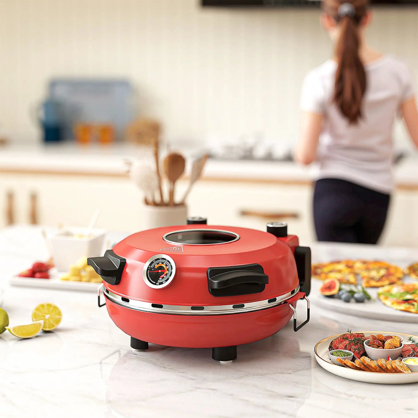 HOMCOM 1200W Pizza Oven, 12 Inch Electric Pizza Maker with Viewing Window, Timer Control & Overheat Protection, Red