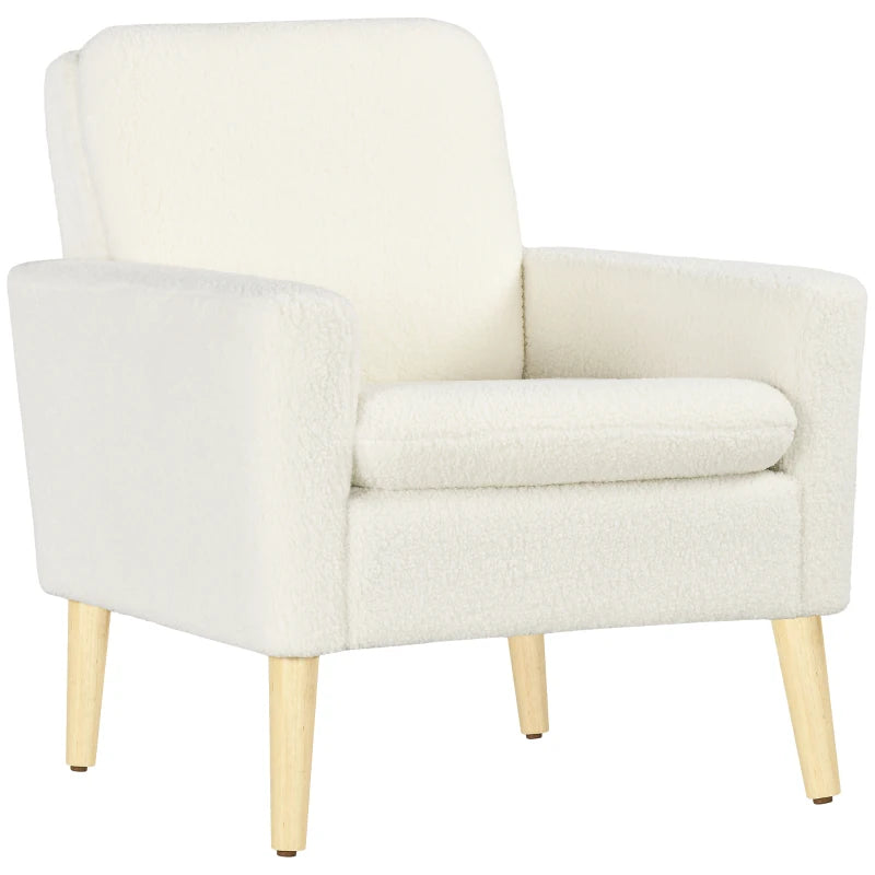 HOMCOM Armchair, Upholstered Accent Chair with Wood Legs & Wide Padded Seat, Teddy Occasional Chair, Cream White
