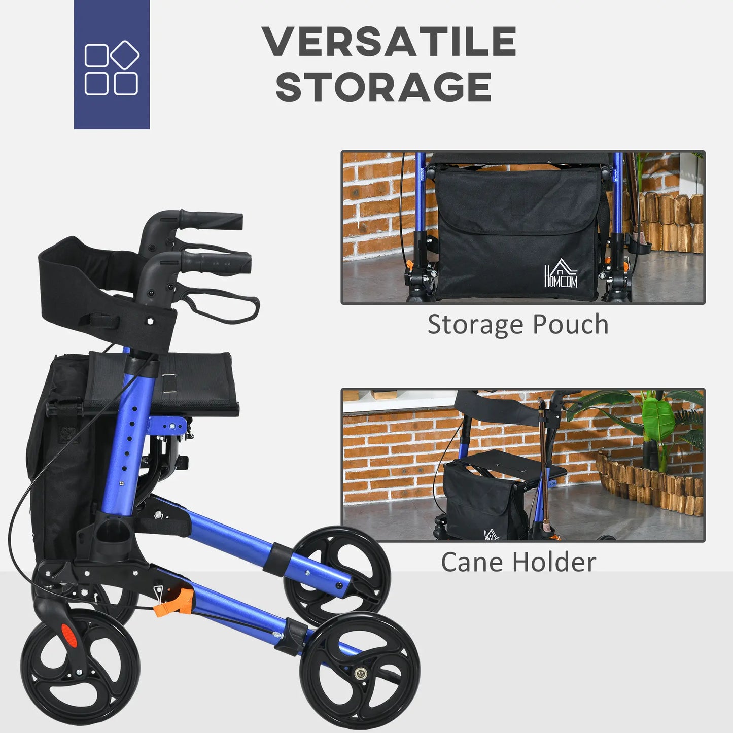 HOMCOM 4 Wheel Rollator with Seat and Back, Folding Mobility Walker with Carry Bag, Adjustable Height, Walking Frame for Seniors, Blue