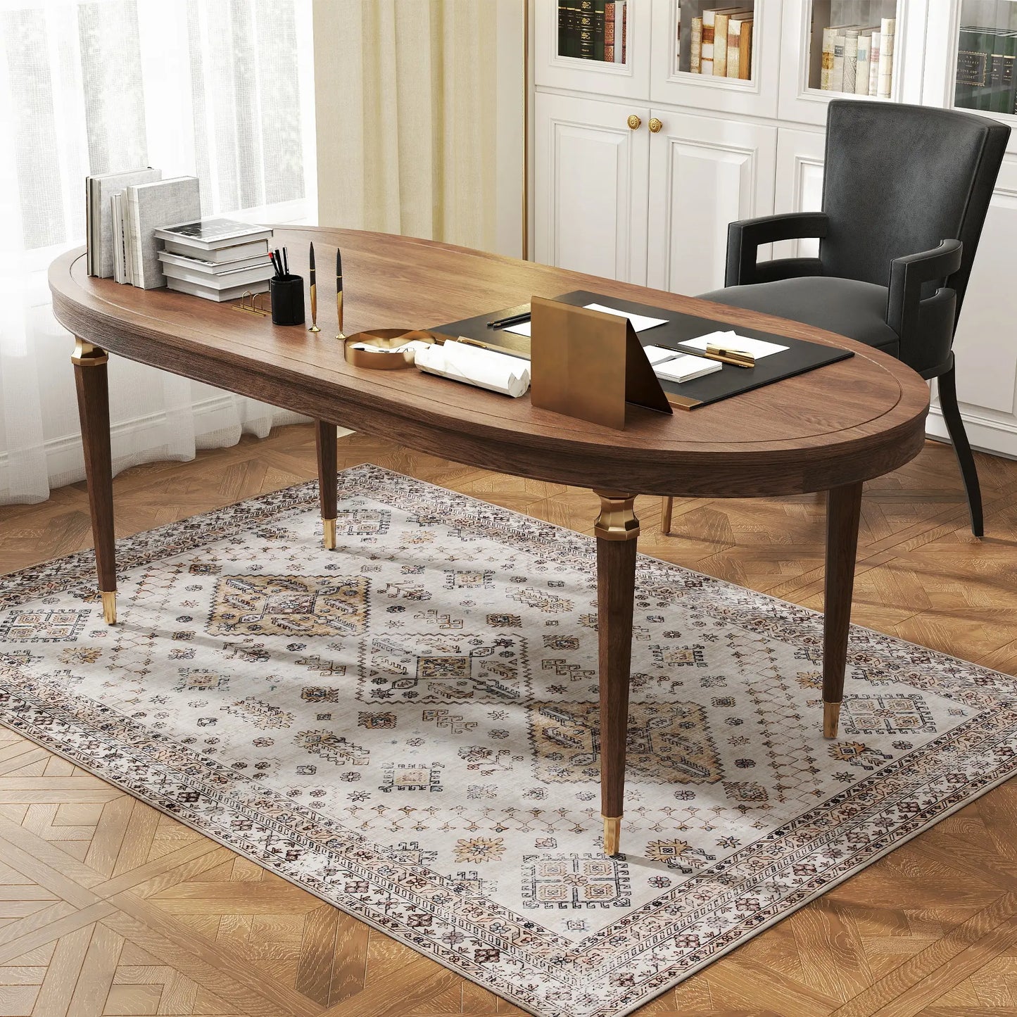 HOMCOM Vintage Area Rug, Non-Slip Washable, Flannel Floor Carpet for Living Room, Bedroom, Home Office, Beige