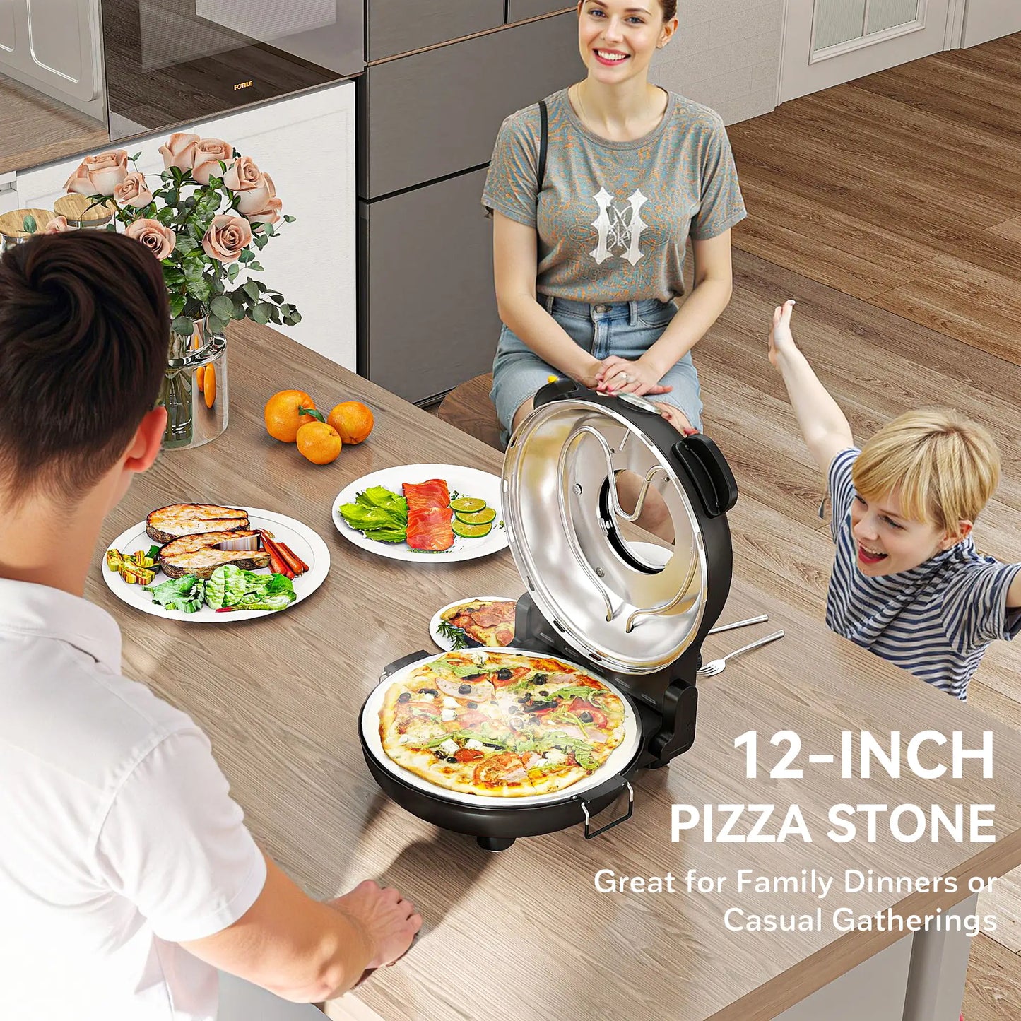 HOMCOM 1200W Pizza Oven, 12'' Electric Pizza Maker with Viewing Window, Dual Knob Temp & Timer Control, Black