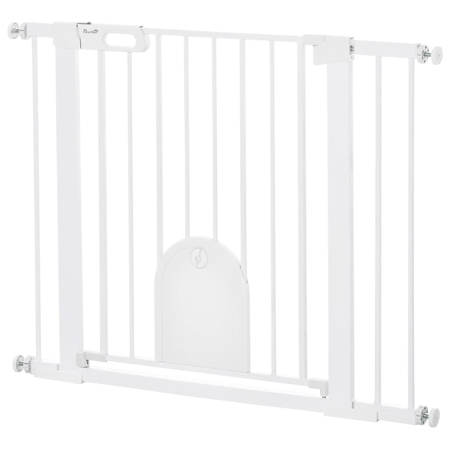 PawHut Dog Gate with Cat Flap Pet Safety Gate Barrier, Stair Pressure Fit, Auto Close, Double Locking, for Doorways, White
