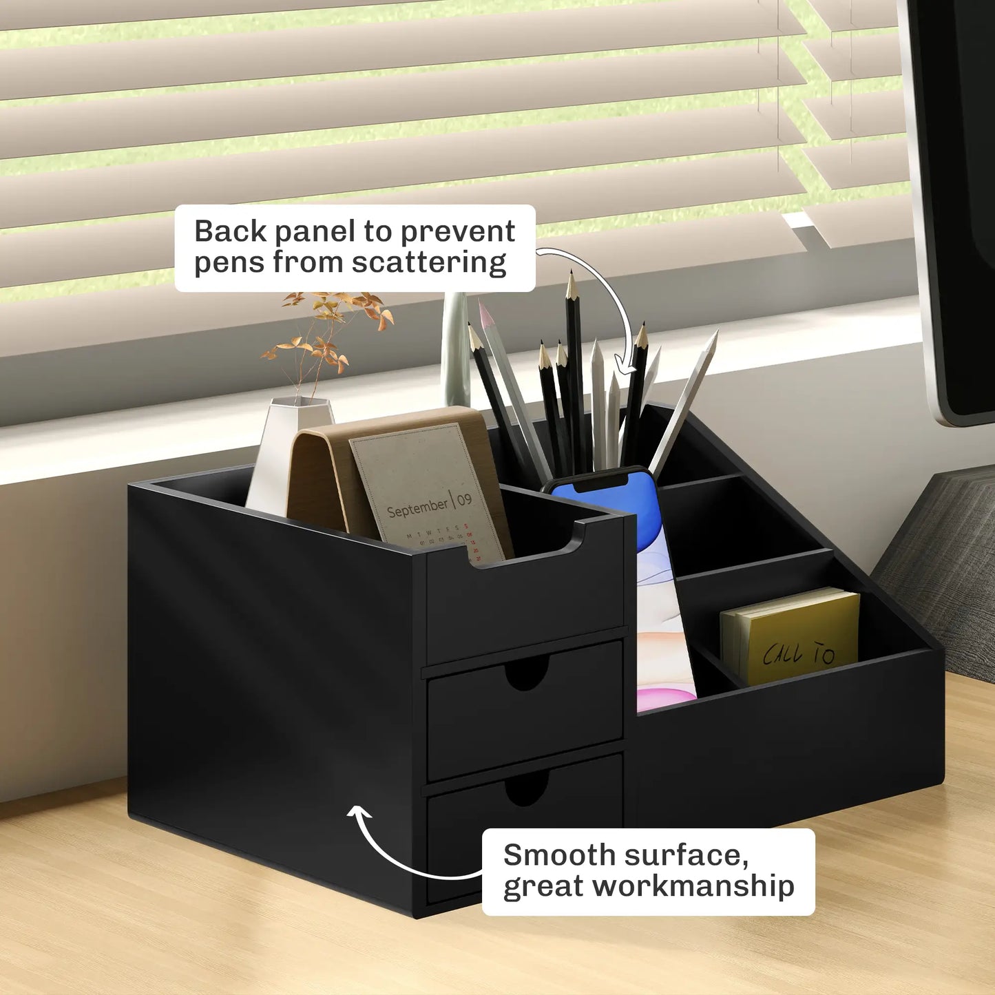HOMCOM Desk Organiser Holder, Bamboo Multi-Function Storage Caddy with 7 Storage Compartments and 2 Drawers for Home & Office