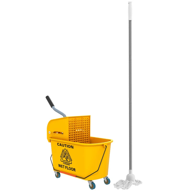 HOMCOM Mop Bucket with Wringer Set on Wheels for Floor Cleaning, 20 Litre Side Press Wringer with Handle, Yellow