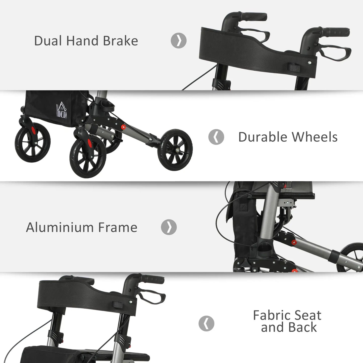 HOMCOM 4 Wheel Rollator with Seat & Back, Folding Walker with Carry Bag, Adjustable Height, Dual Brakes, Aluminium Walking Frame, Silver