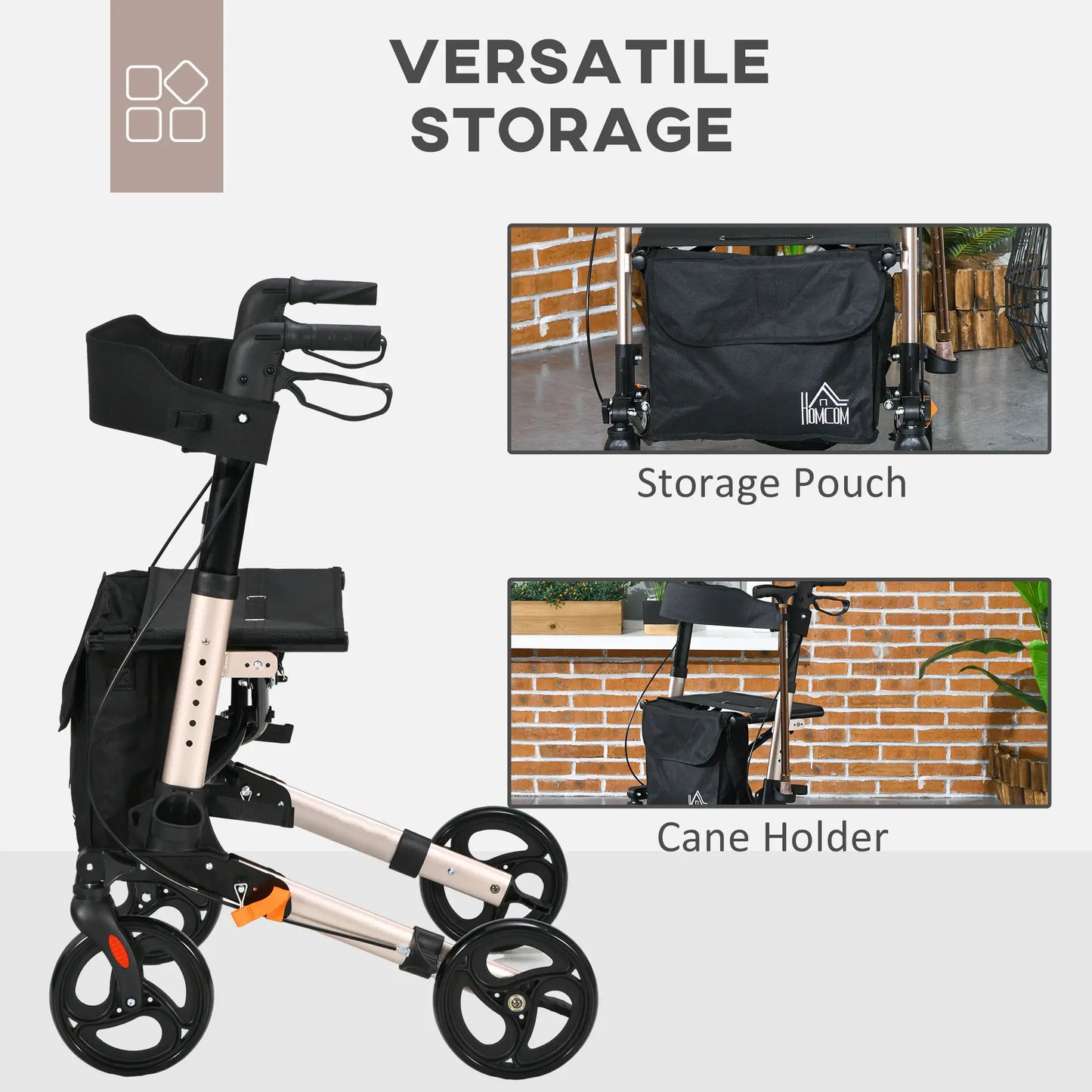 4 Wheel Rollator with Seat and Back, Folding Walker with Carry Bag, Adjustable Height, Dual Brakes, Gold Tone