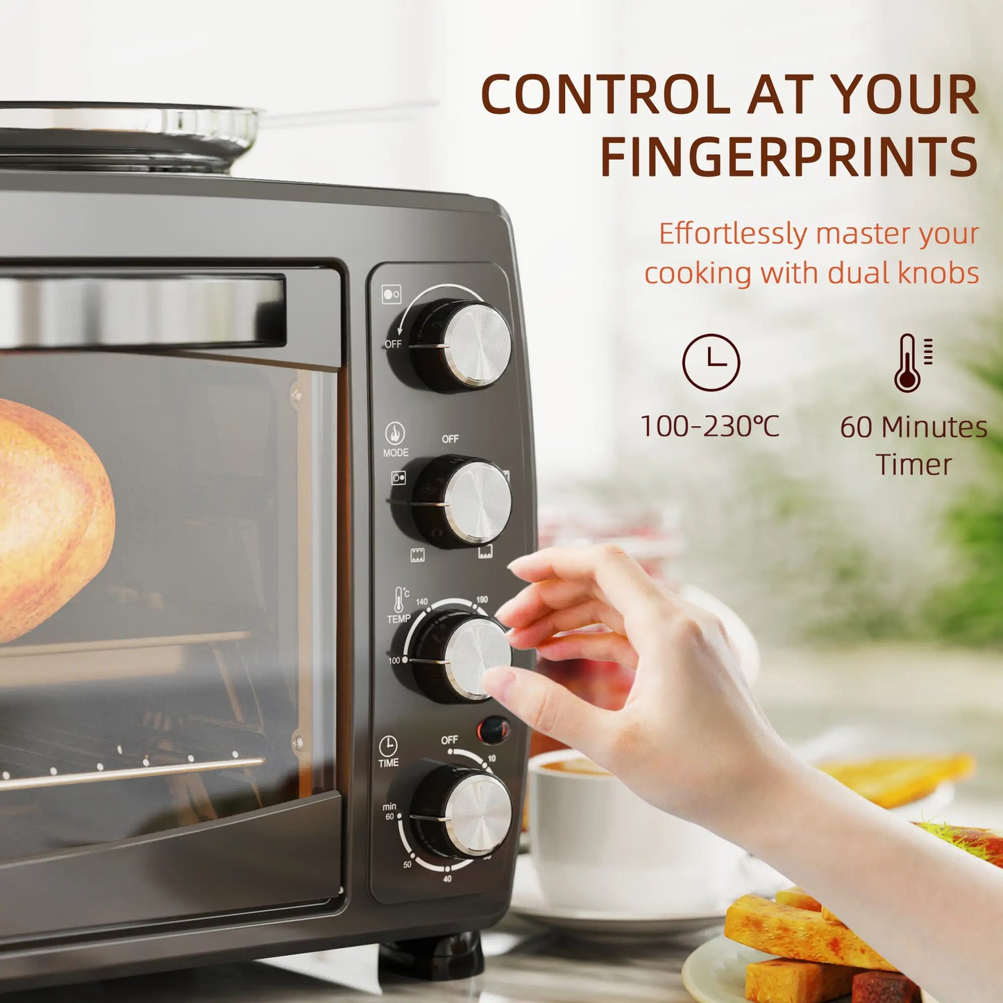HOMCOM 36L Small Electric Oven with 2 Hot Plates, Countertop Toaster Oven, Grill, Roast, Bake, with Timer, Adjustable Temperature & Baking Tray, 2600W