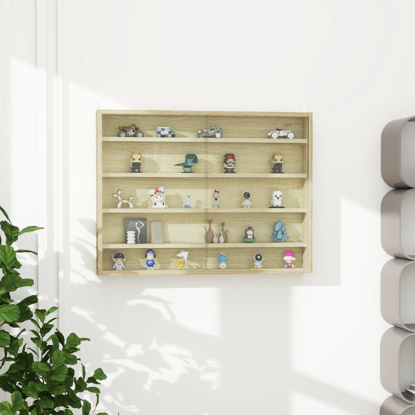 HOMCOM 5-Tier Wall Display Shelf Unit Cabinet w/ 4 Adjustable Shelves Glass Doors Home Office Ornaments, Oak