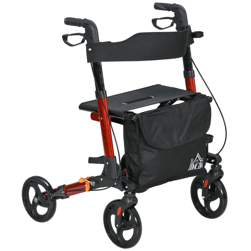HOMCOM 4 Wheel Rollator with Seat & Back, Folding Mobility Walker with Carry Bag, Adjustable Height, Cane Holder, Aluminium Walking Frame for Seniors, Red