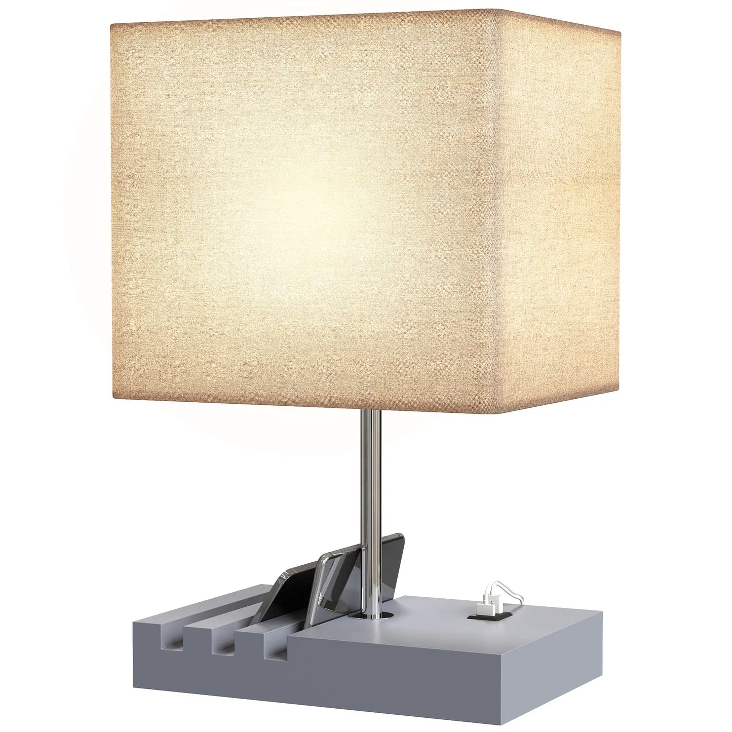 HOMCOM Bedside Lamp with USB A+C Charging Ports & 3 Phone Stands, Table Lamp with Wood Base, Grey