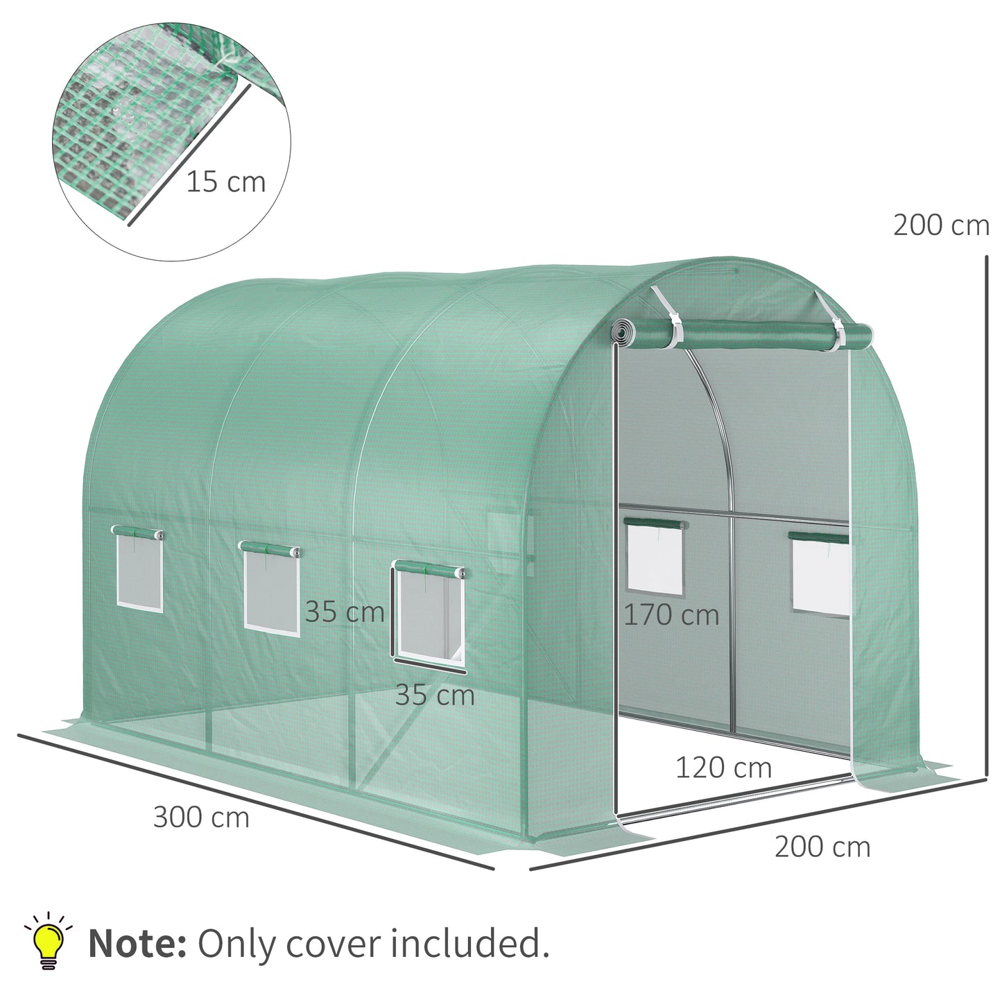 Outsunny Tunnel Walk-in Greenhouse Replacement Cover Winter Garden Plant PE Cover with Roll-up Windows Door Outdoor, Green