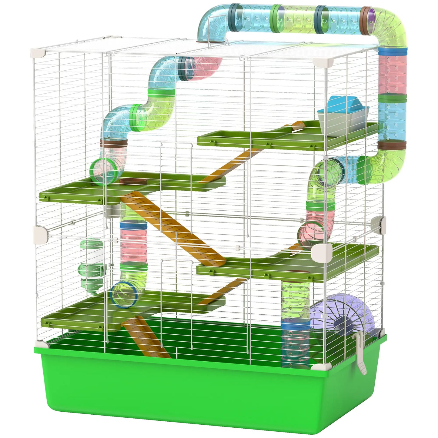 PawHut Hamster Cage w/ Water Bottle, Exercise Wheel, Tubes, Ramps - Green