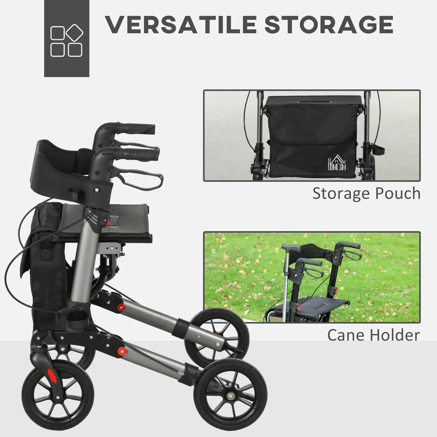 HOMCOM 4 Wheel Rollator with Seat & Back, Folding Walker with Carry Bag, Adjustable Height, Dual Brakes, Aluminium Walking Frame, Silver