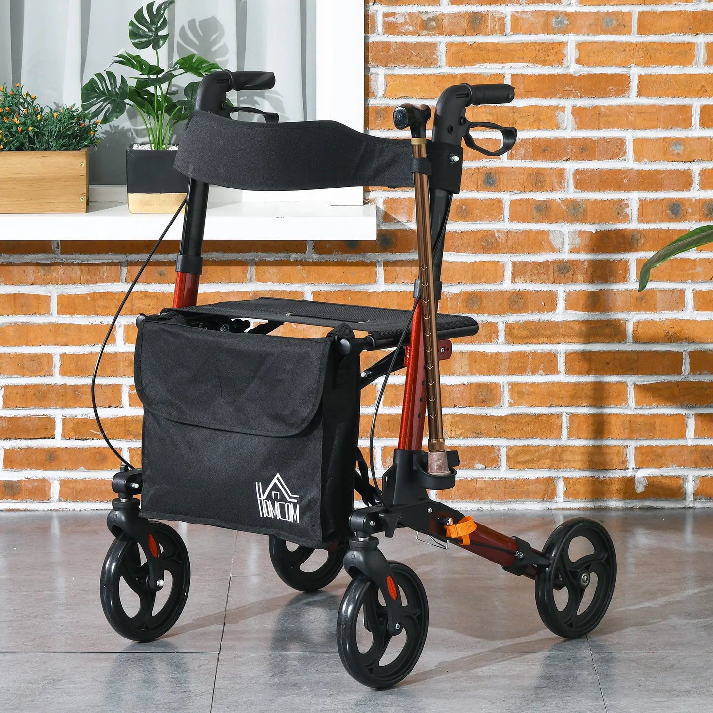 HOMCOM 4 Wheel Rollator with Seat & Back, Folding Mobility Walker with Carry Bag, Adjustable Height, Cane Holder, Aluminium Walking Frame for Seniors, Red