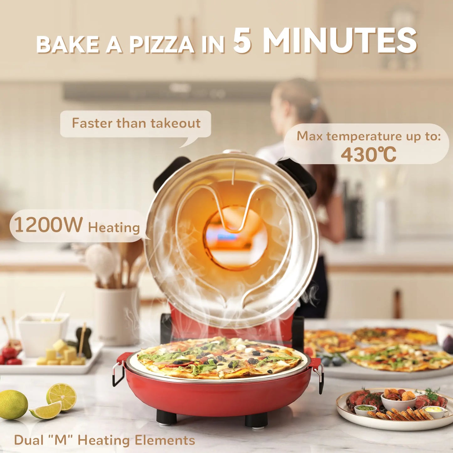 HOMCOM 1200W Pizza Oven, 12 Inch Electric Pizza Maker with Viewing Window, Timer Control & Overheat Protection, Red