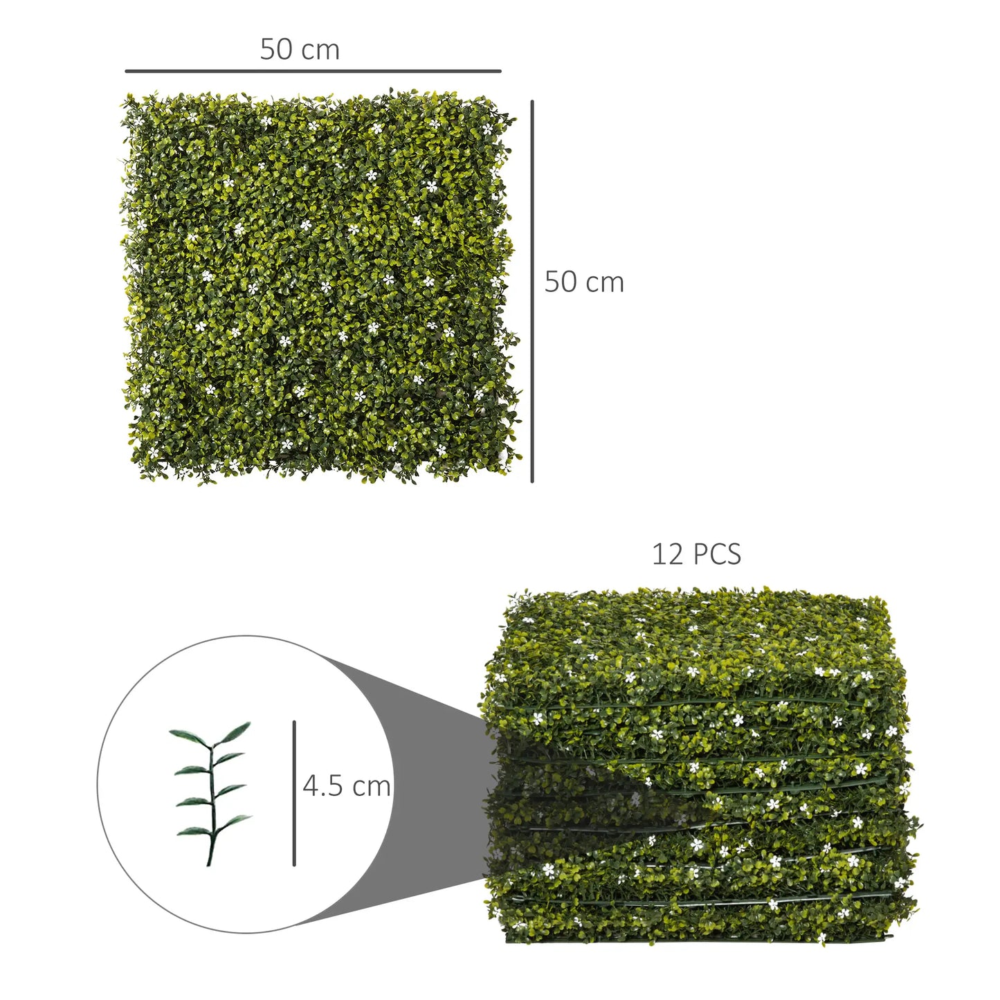 Outsunny 12PCS Artificial Boxwood Wall Panels Grass Privacy Fence Screen Faux Hedge Greenery Milan Grass with White Flowers