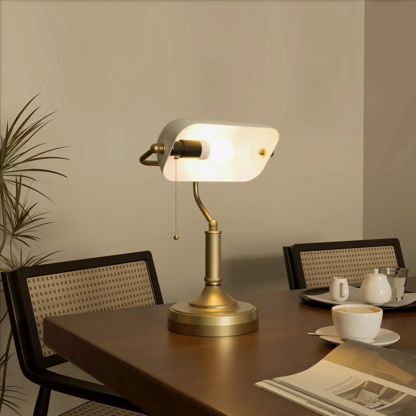 HOMCOM Banker's Desk Lamp with Antique Bronze Tone Base, Table Lamp with White Glass Shade for Home Office