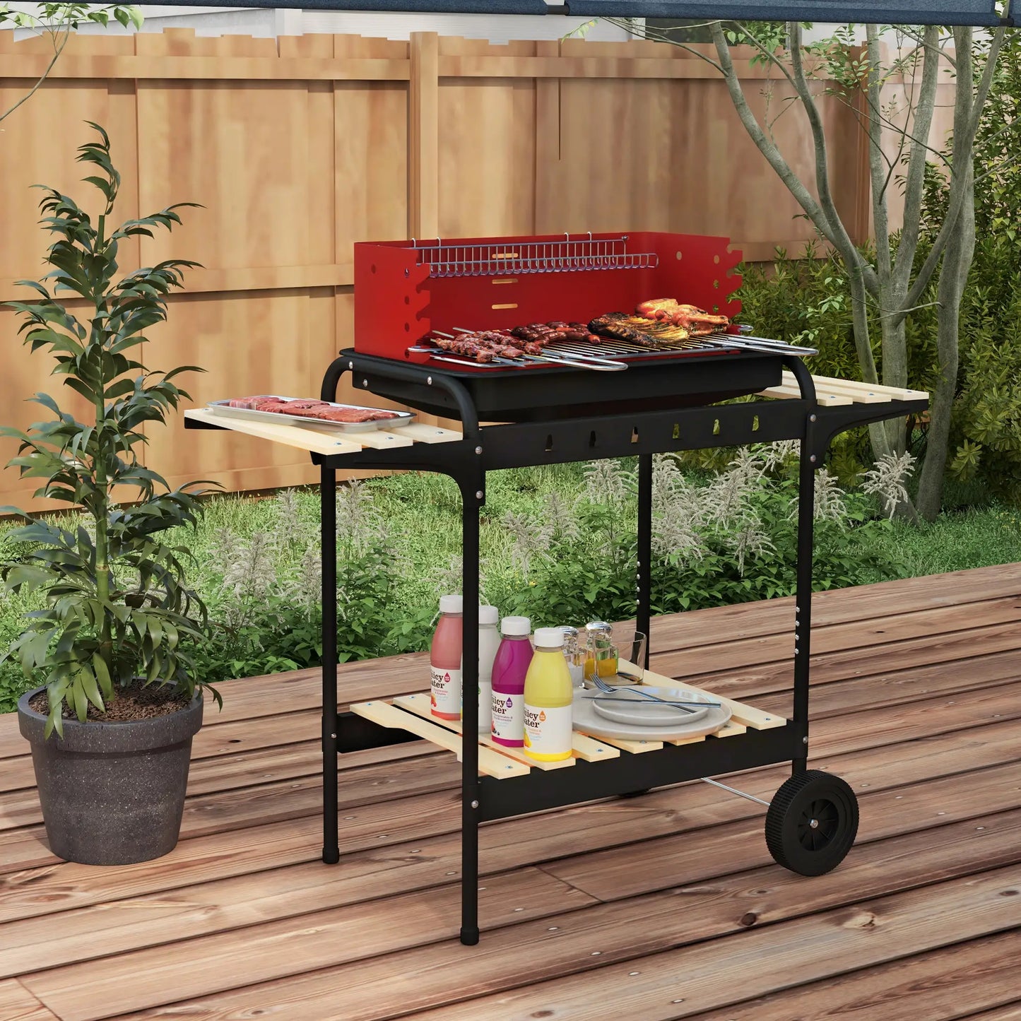 Outsunny Charcoal BBQ, with Five Position Barbecue Grill Grate - Red