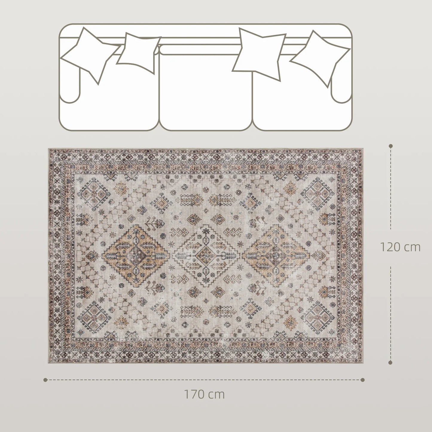 HOMCOM Vintage Area Rug, Non-Slip Washable, Flannel Floor Carpet for Living Room, Bedroom, Home Office, Beige