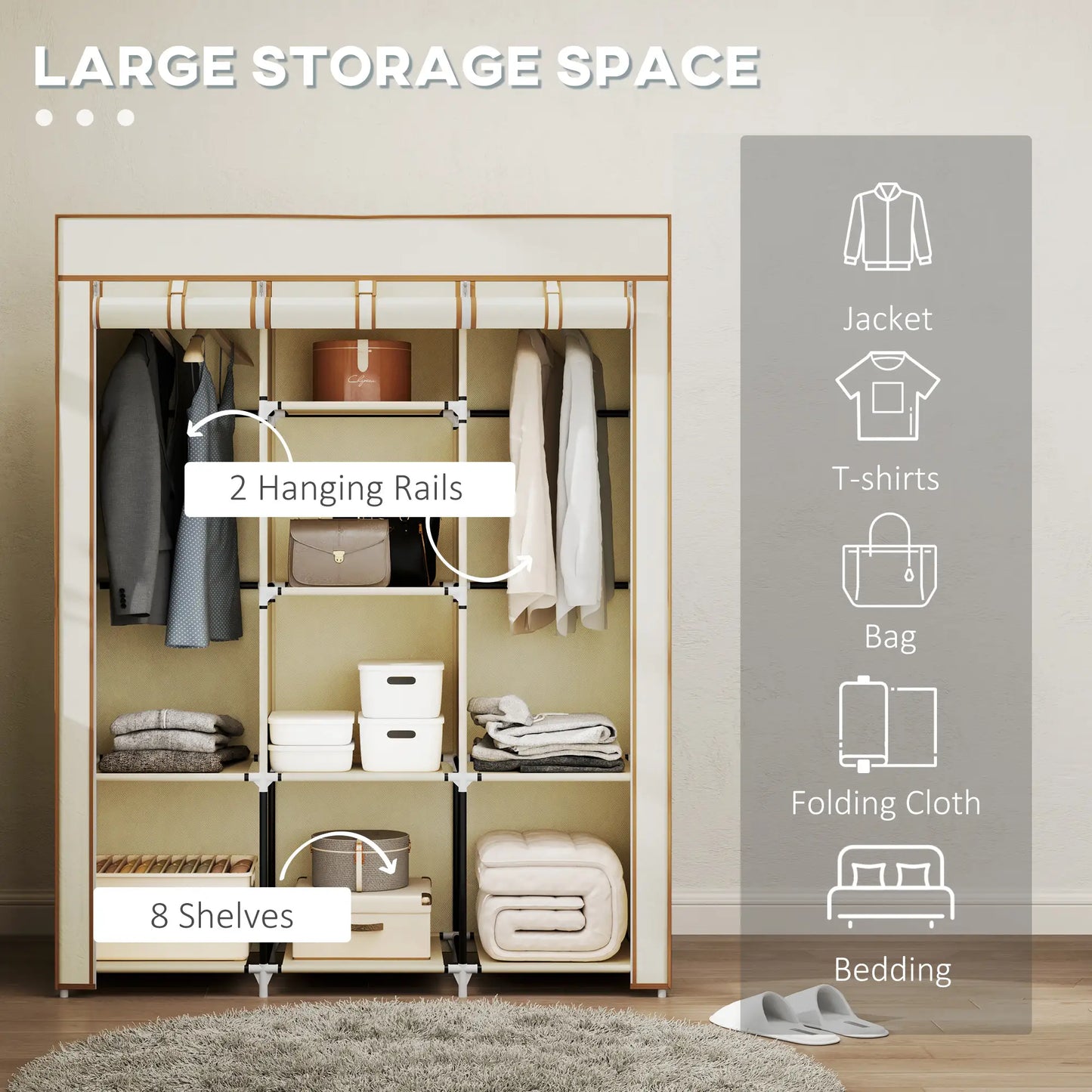 HOMCOM Fabric Cloth Wardrobe Clothes Organizer with Rails and Shelves - Cream White