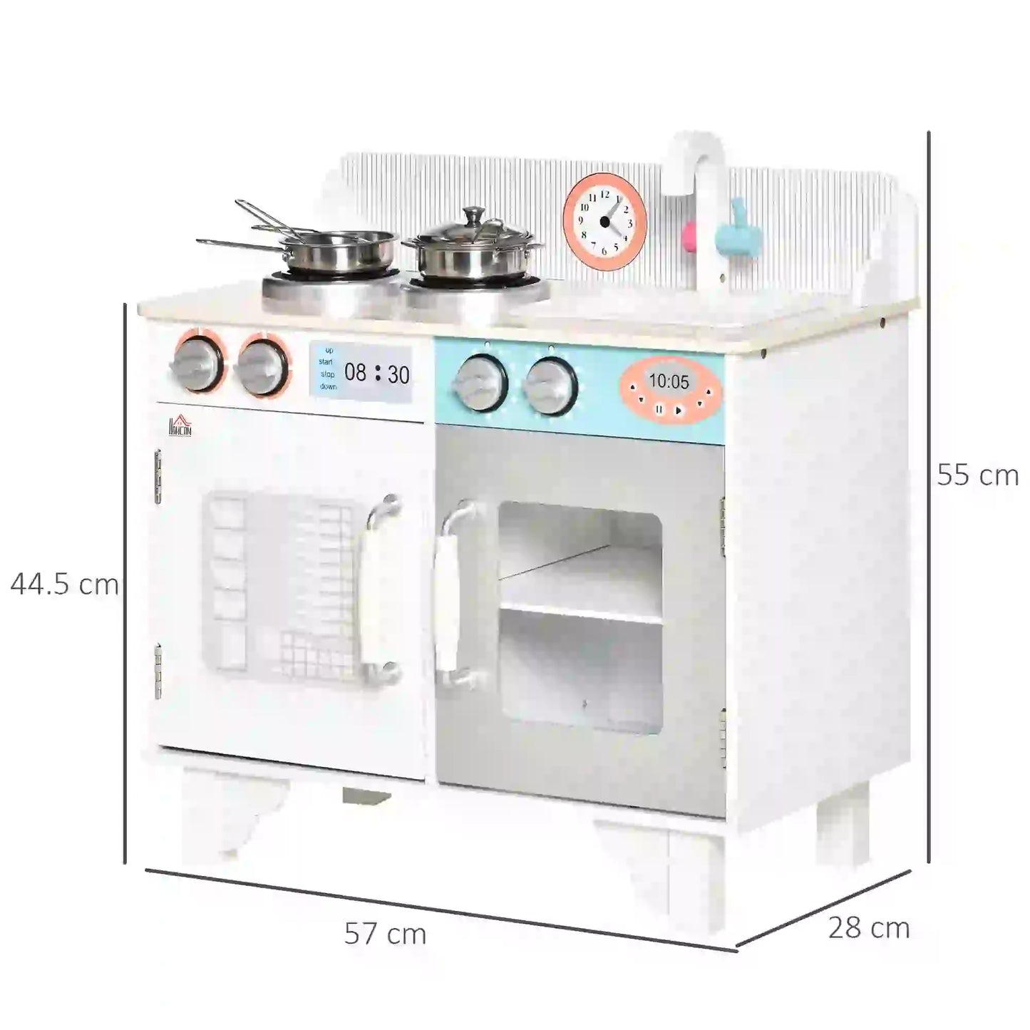 HOMCOM Kids Wooden Play Kitchen Toy Cooking Set Pretend Role Playset, Cooking Bench, Stainless Steel Pot for 3-6 Years