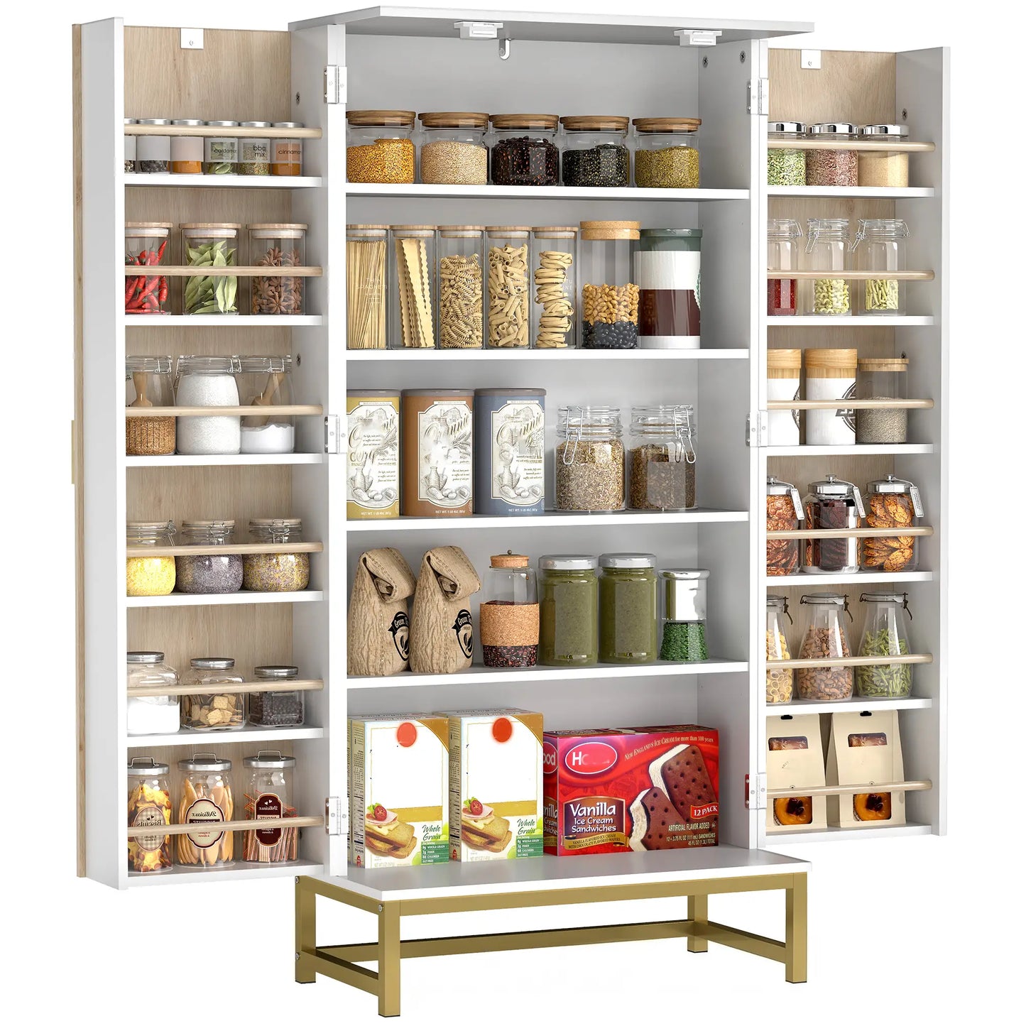 HOMCOM 5 Tiers Kitchen Cupboard, Freestanding Kitchen Cabinet with Double Doors, 12 Spice Racks, White